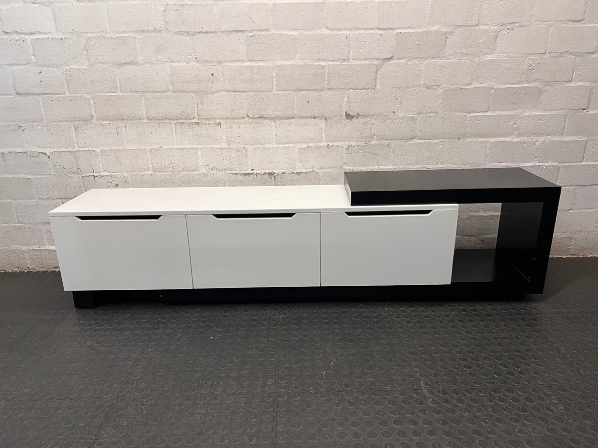 Modern Two-Tone Asymmetric TV Unit — Fair Used Condition – main front view