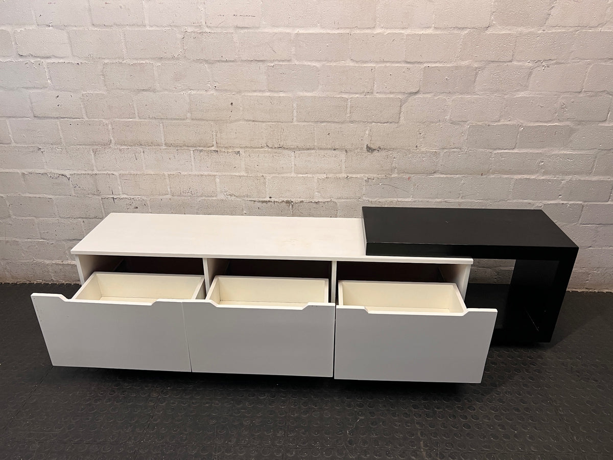 Modern Two-Tone Asymmetric TV Unit — Fair Used Condition – side view