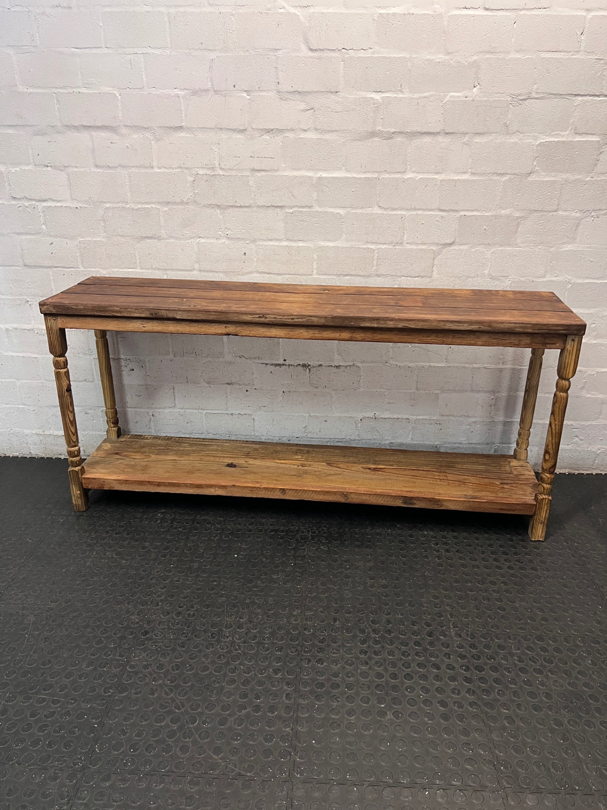 Large Rustic Wooden Console Table with Turned Legs — Fair Condition with Visible Wear – condition detail
