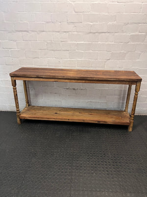 Large Rustic Wooden Console Table with Turned Legs — Fair Condition with Visible Wear – condition detail