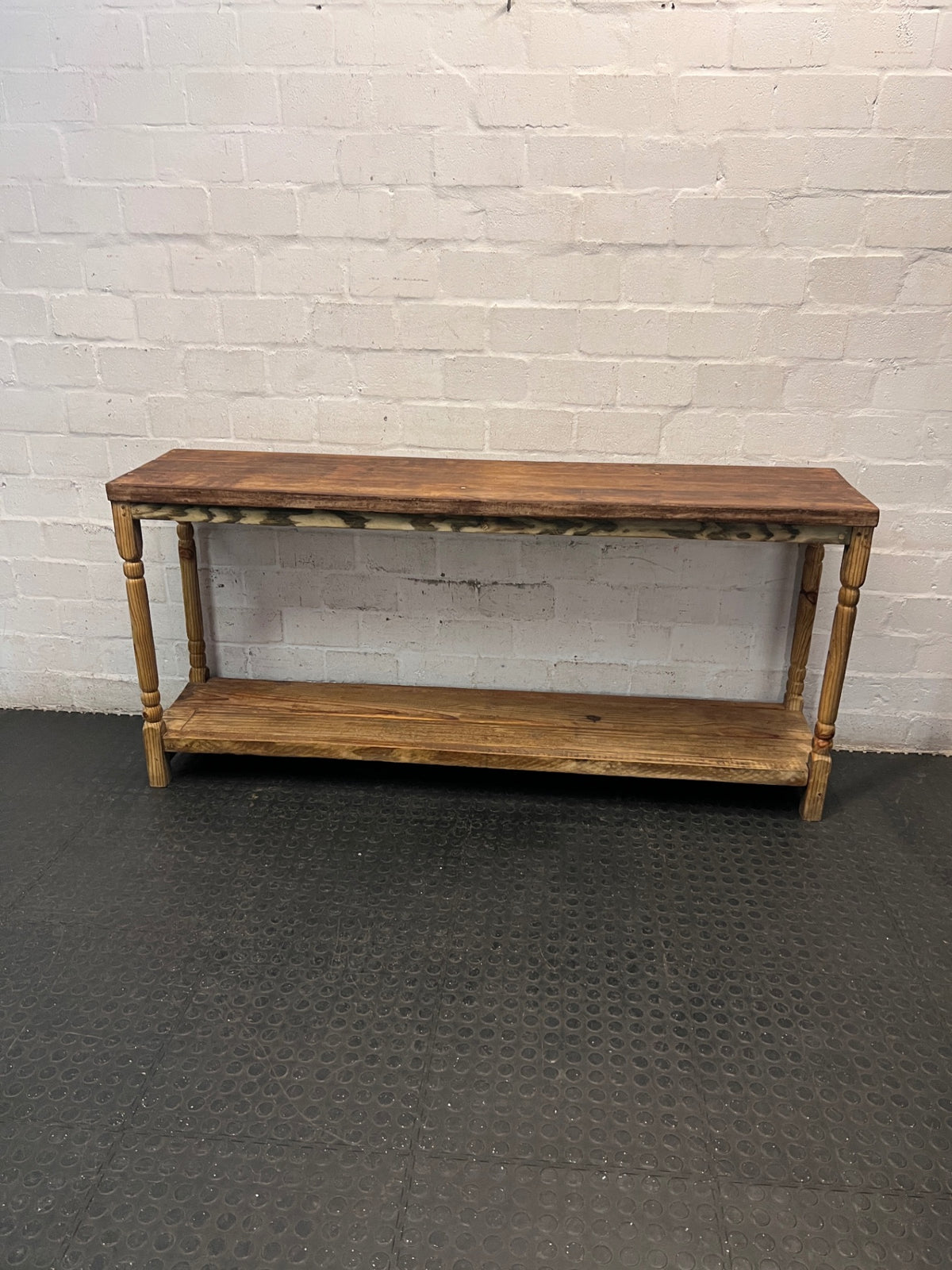 Large Rustic Wooden Console Table with Turned Legs — Fair Condition with Visible Wear – main front view