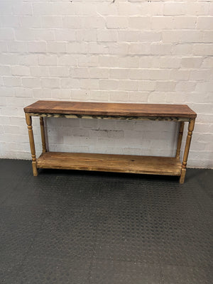 Large Rustic Wooden Console Table with Turned Legs — Fair Condition with Visible Wear – main front view