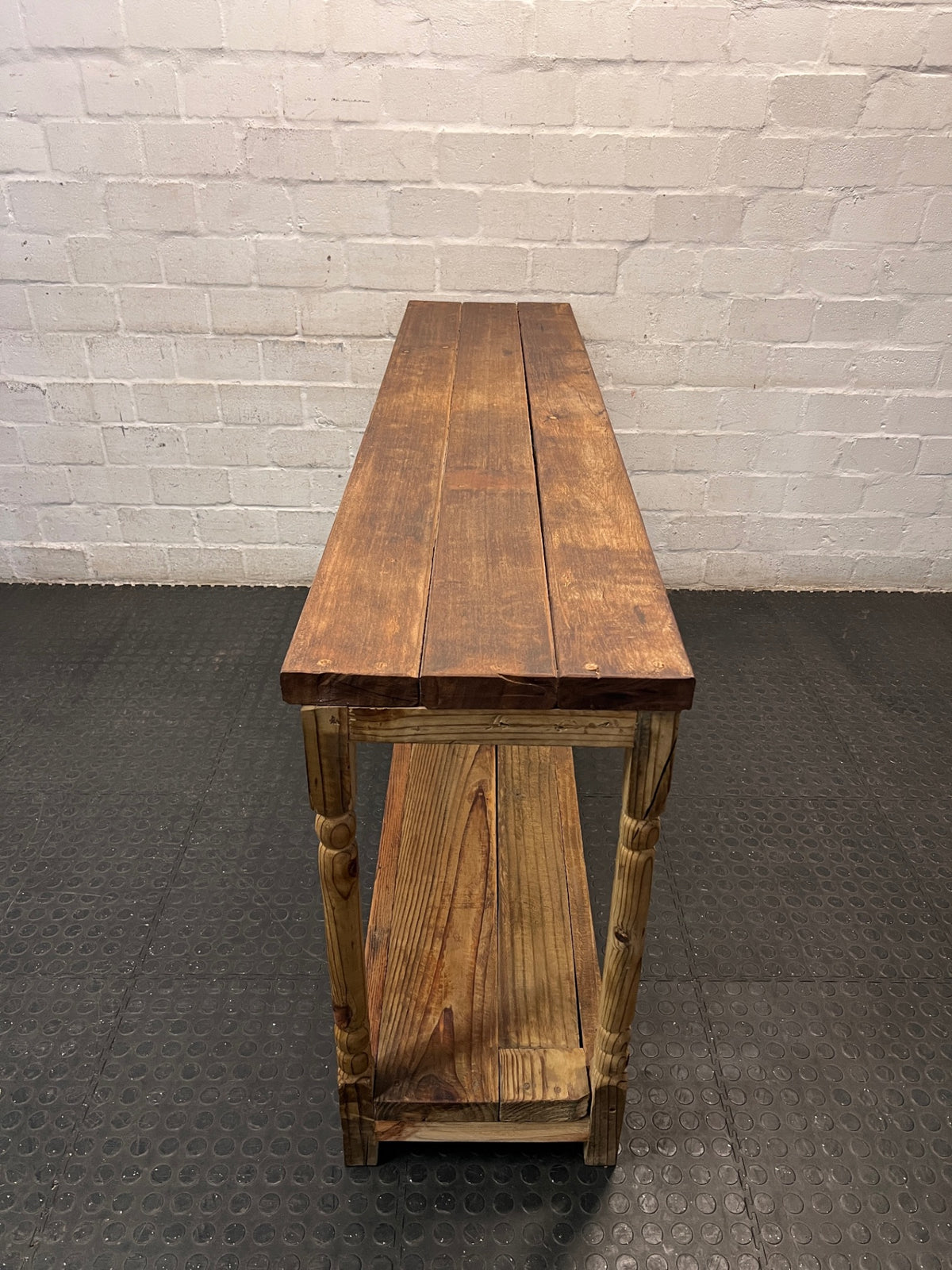 Large Rustic Wooden Console Table with Turned Legs — Fair Condition with Visible Wear – top view