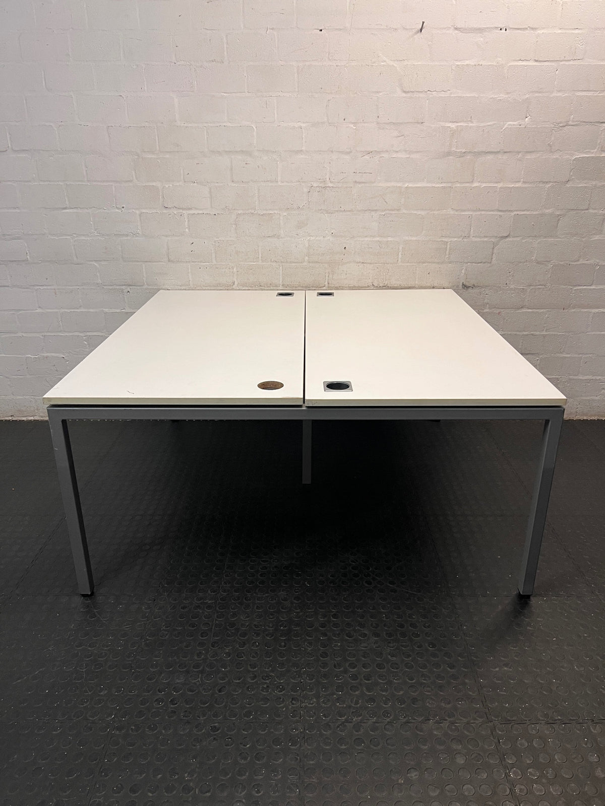 Large White Square Cluster Office Desk — Surface Scratches and Minor Damage – back view