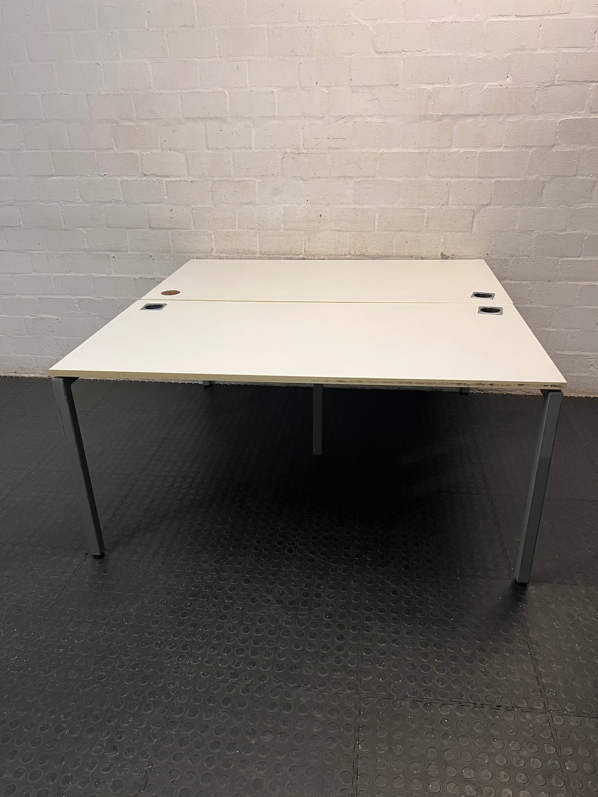 Large White Square Cluster Office Desk — Surface Scratches and Minor Damage – main front view