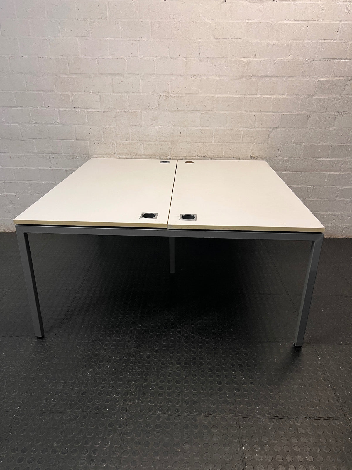 Large White Square Cluster Office Desk — Surface Scratches and Minor Damage – side view