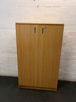 Oak-Finish Two-Door Office Filing Cabinet — Good Working Order – main front view