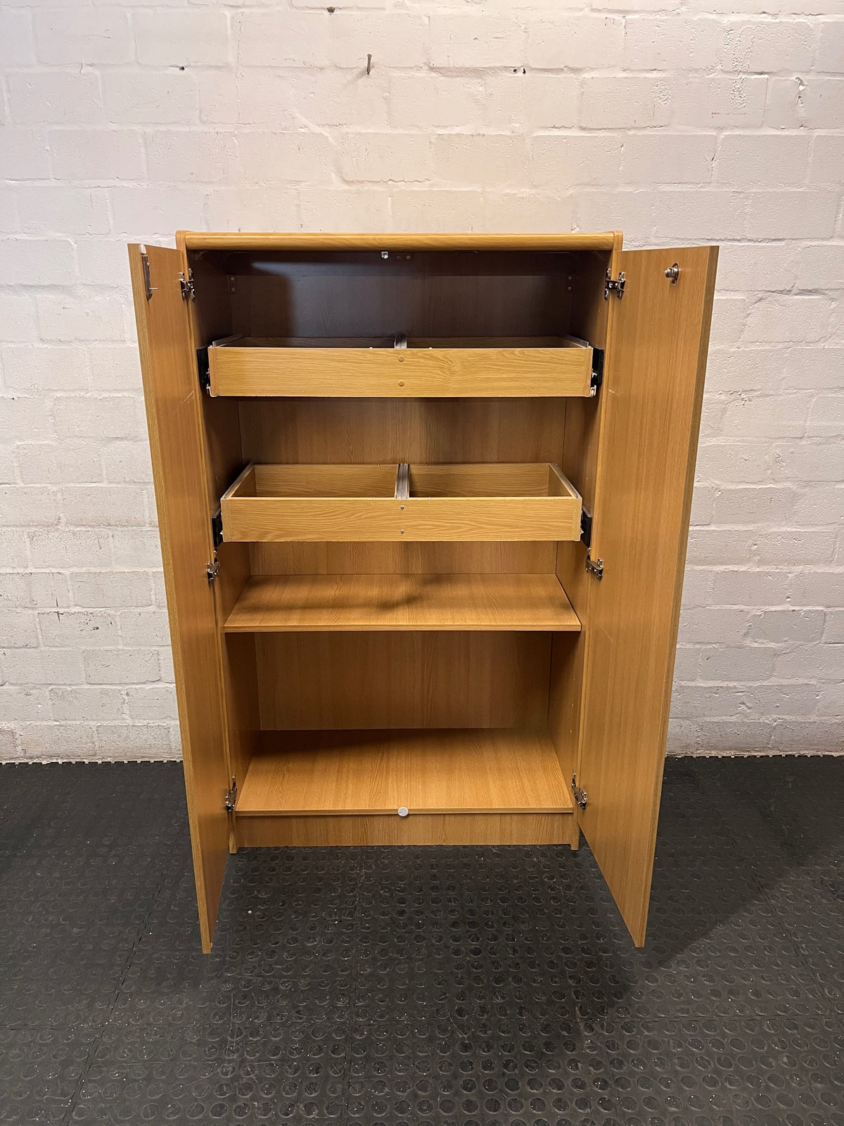 Oak-Finish Two-Door Office Filing Cabinet — Good Working Order – side view