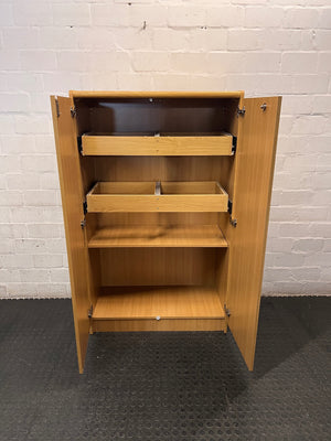 Oak-Finish Two-Door Office Filing Cabinet — Good Working Order – side view