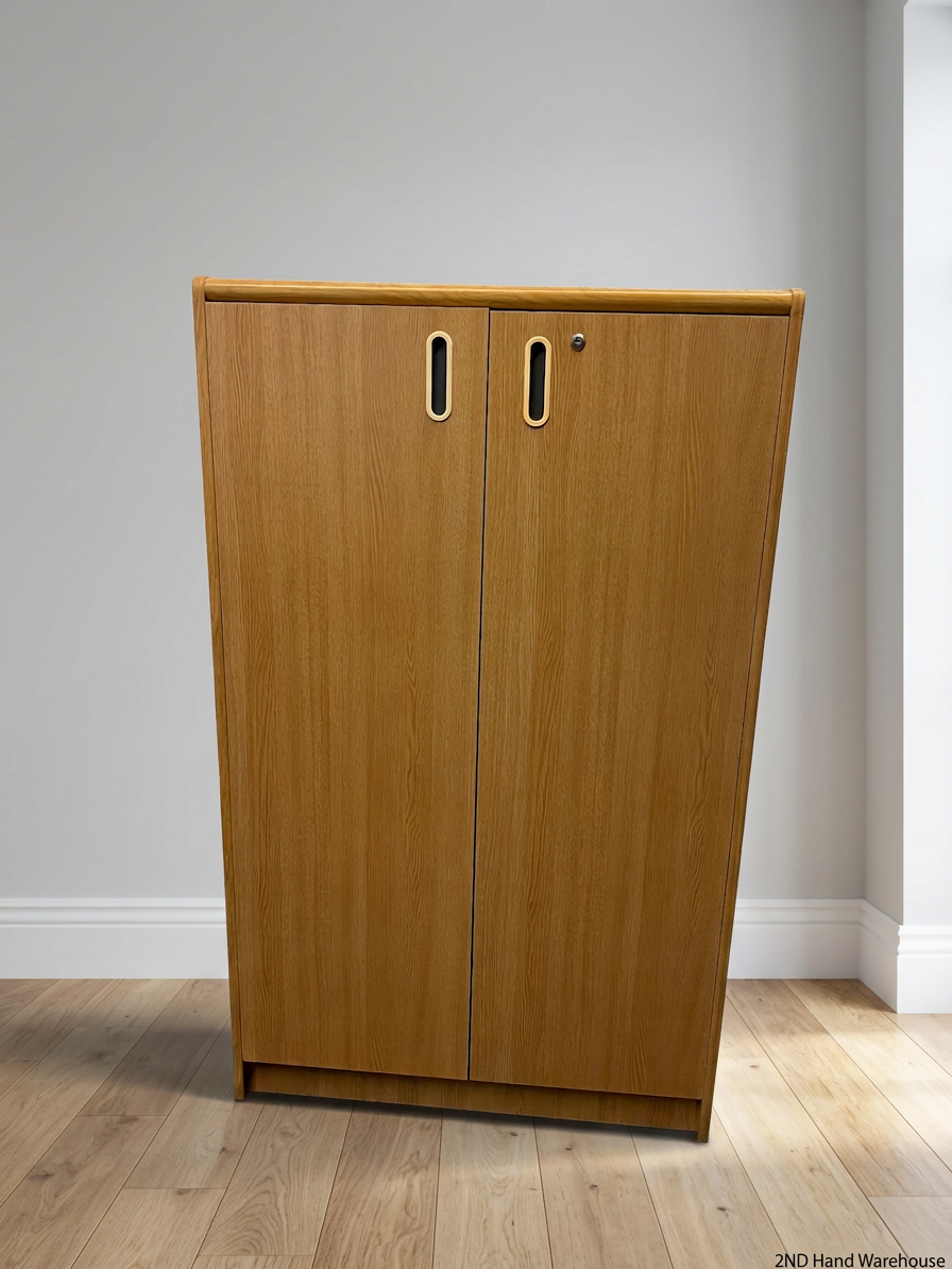Oak-Finish Two-Door Office Filing Cabinet — Good Working Order – styled product image