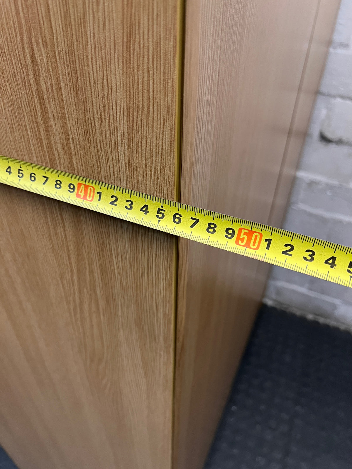 Oak-Finish Two-Door Office Filing Cabinet — Good Working Order – width measurement