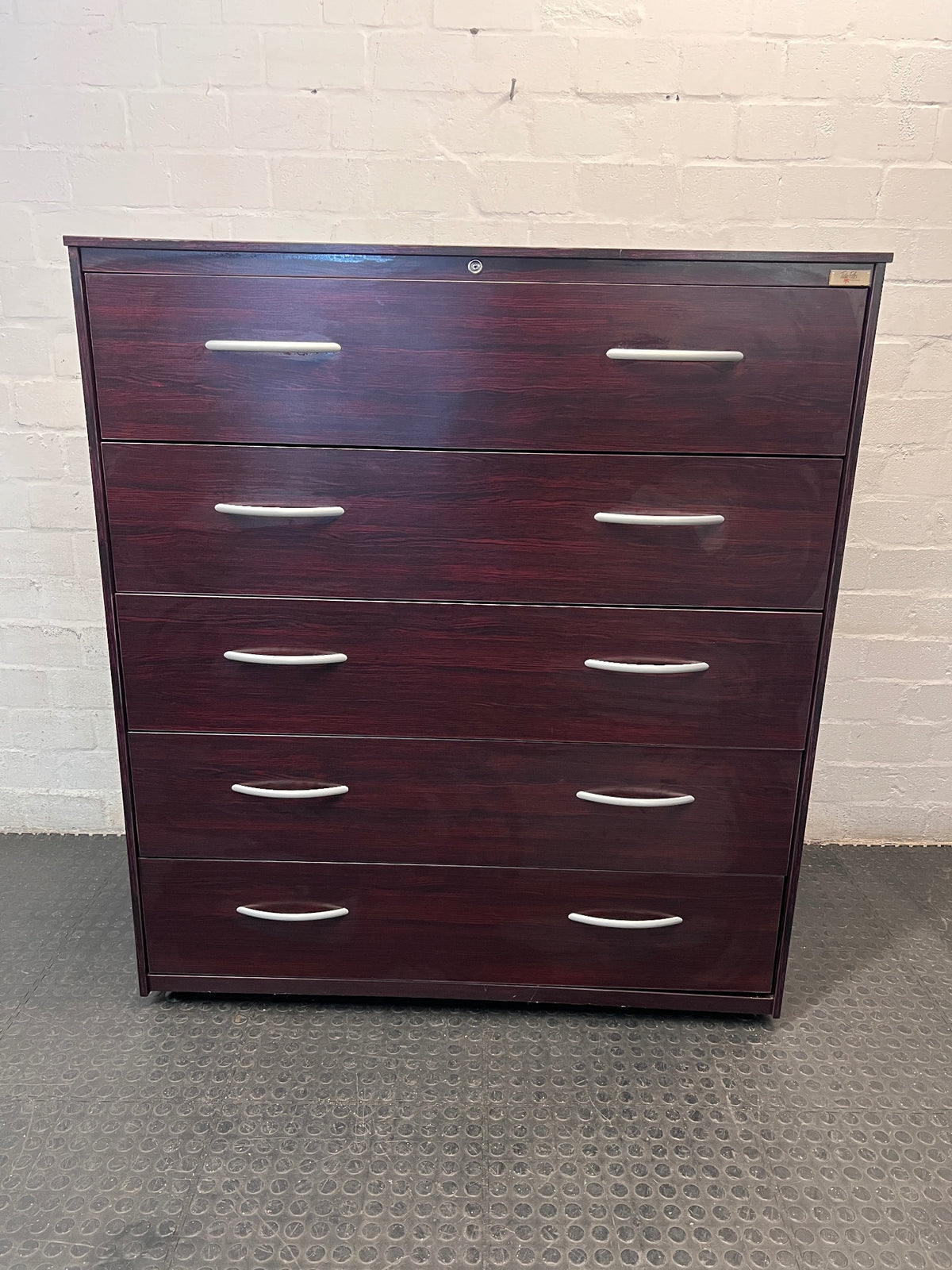 5-Drawer Mahogany Finish Wide Filing Cabinet — Good Working Order – main front view