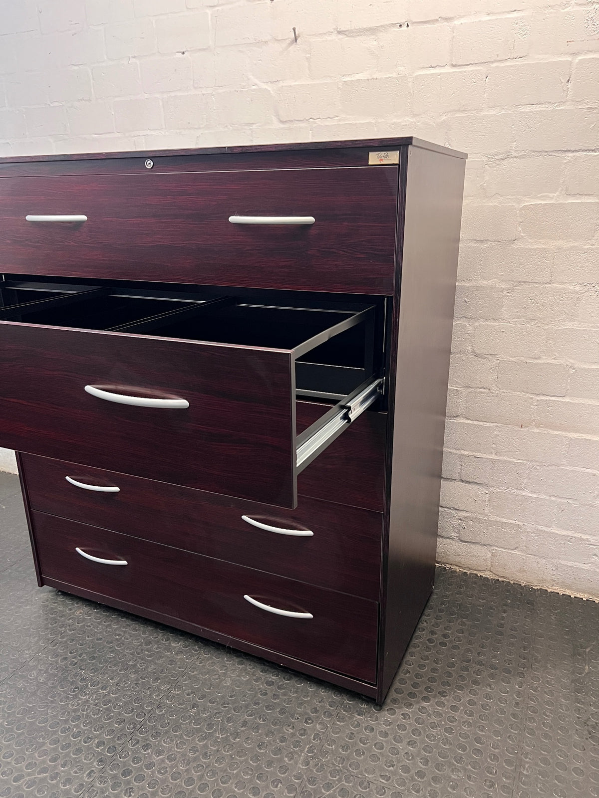 5-Drawer Mahogany Finish Wide Filing Cabinet — Good Working Order – side view