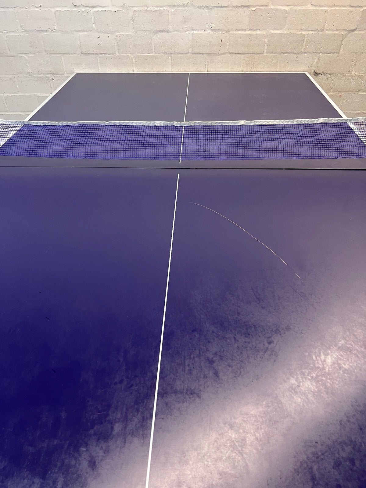Full-Size Blue Table Tennis Table with Net — Missing One Foot – back view