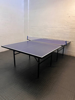 Full-Size Blue Table Tennis Table with Net — Missing One Foot – condition detail