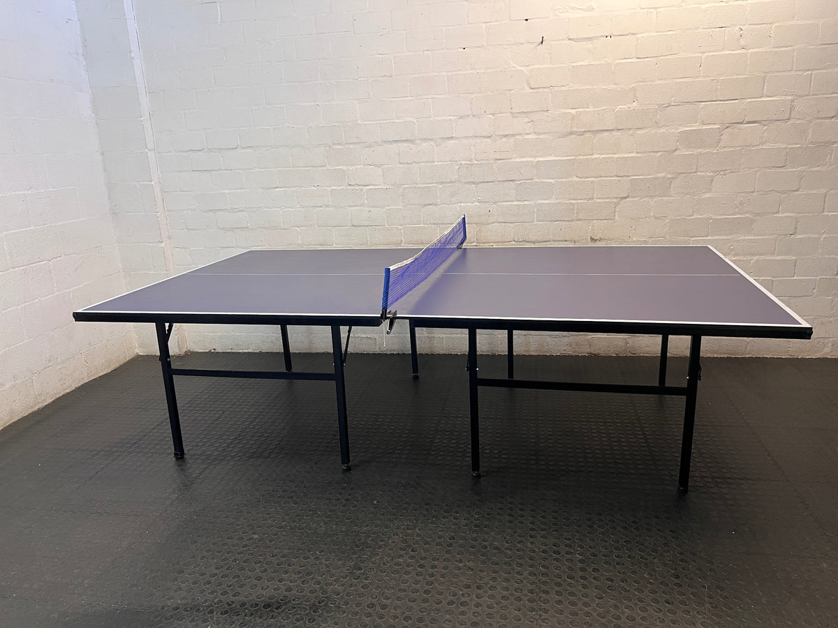Full-Size Blue Table Tennis Table with Net — Missing One Foot – main front view