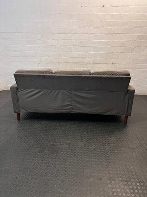 Grey Velvet-Style L-Shape Couch with Tapered Wooden Legs — Well Used Condition – back view