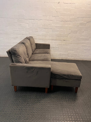 Grey Velvet-Style L-Shape Couch with Tapered Wooden Legs — Well Used Condition – condition detail