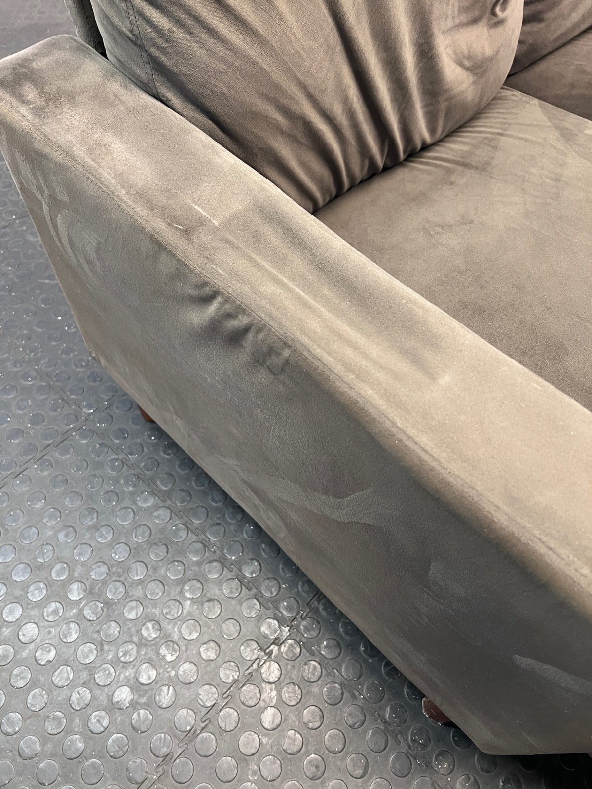 Grey Velvet-Style L-Shape Couch with Tapered Wooden Legs — Well Used Condition – top view
