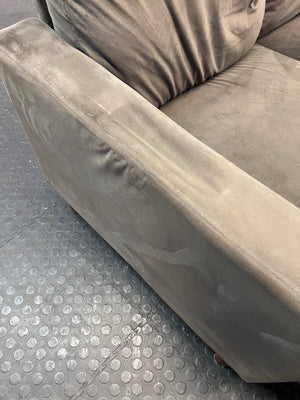 Grey Velvet-Style L-Shape Couch with Tapered Wooden Legs — Well Used Condition – top view
