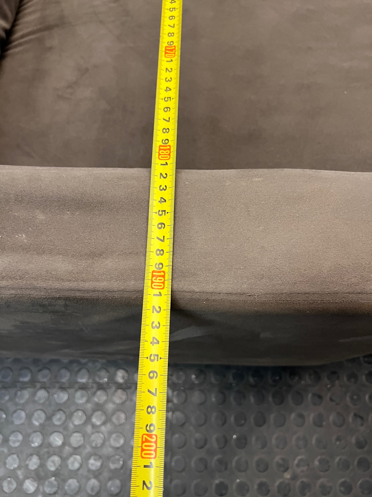 Grey Velvet-Style L-Shape Couch with Tapered Wooden Legs — Well Used Condition – width measurement