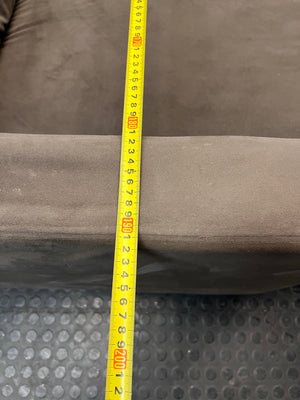 Grey Velvet-Style L-Shape Couch with Tapered Wooden Legs — Well Used Condition – width measurement