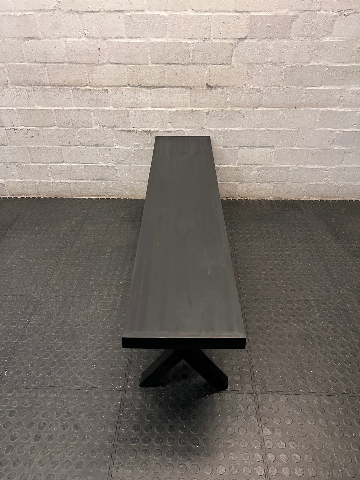 Modern Dark Wood X-Frame Trestle Bench – back view
