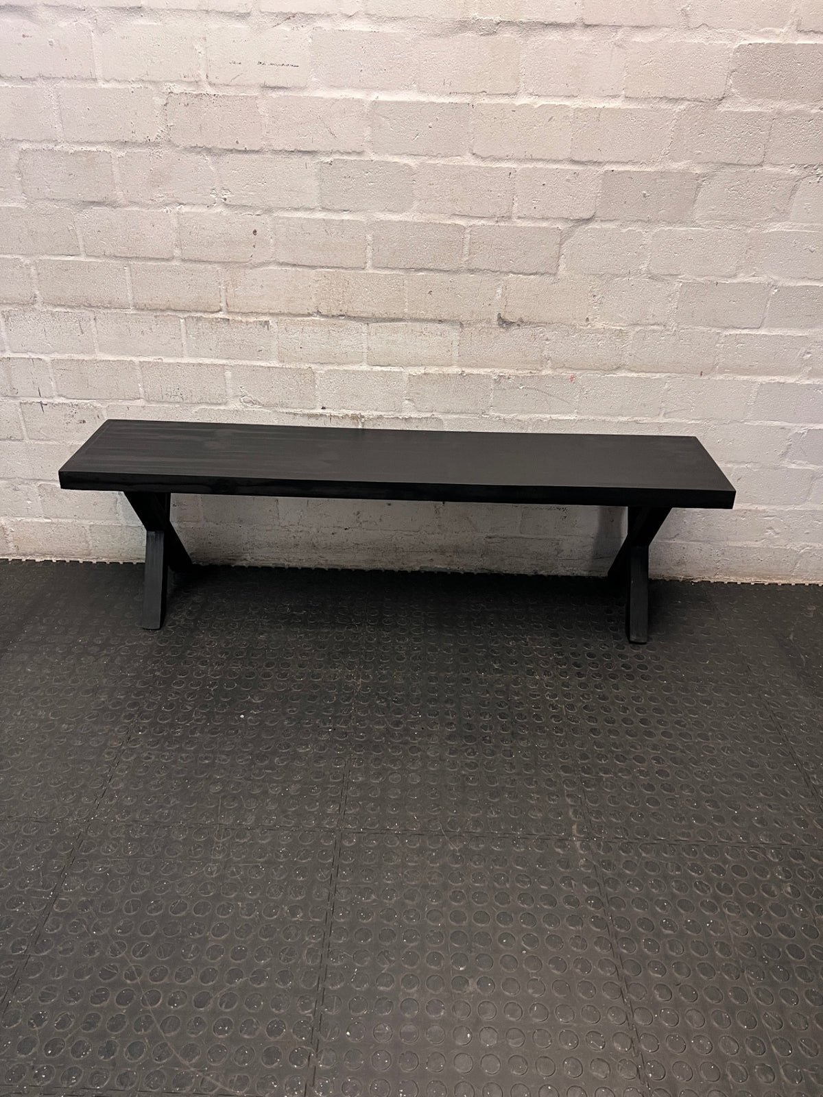 Modern Dark Wood X-Frame Trestle Bench – condition detail