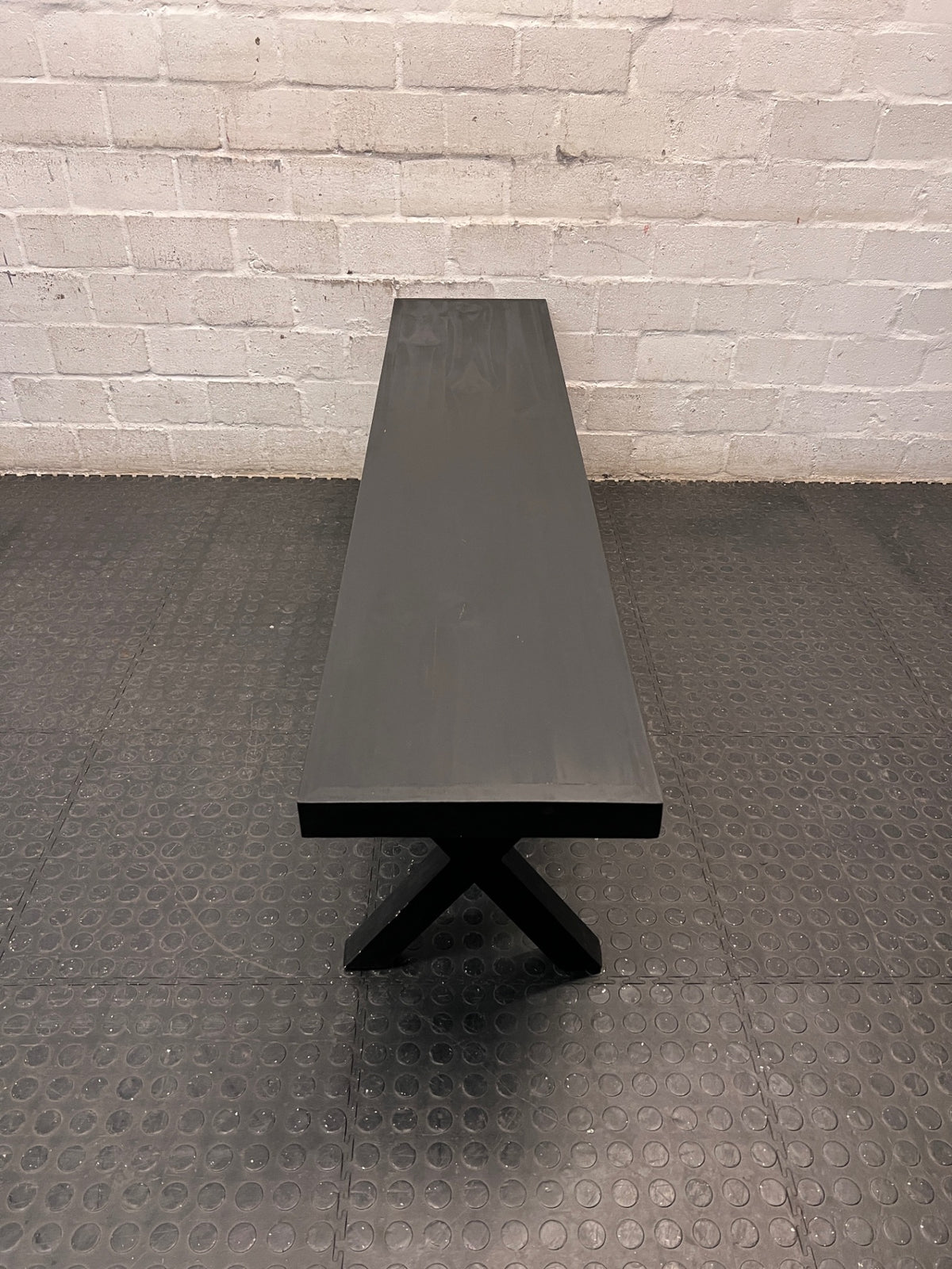Modern Dark Wood X-Frame Trestle Bench – side view