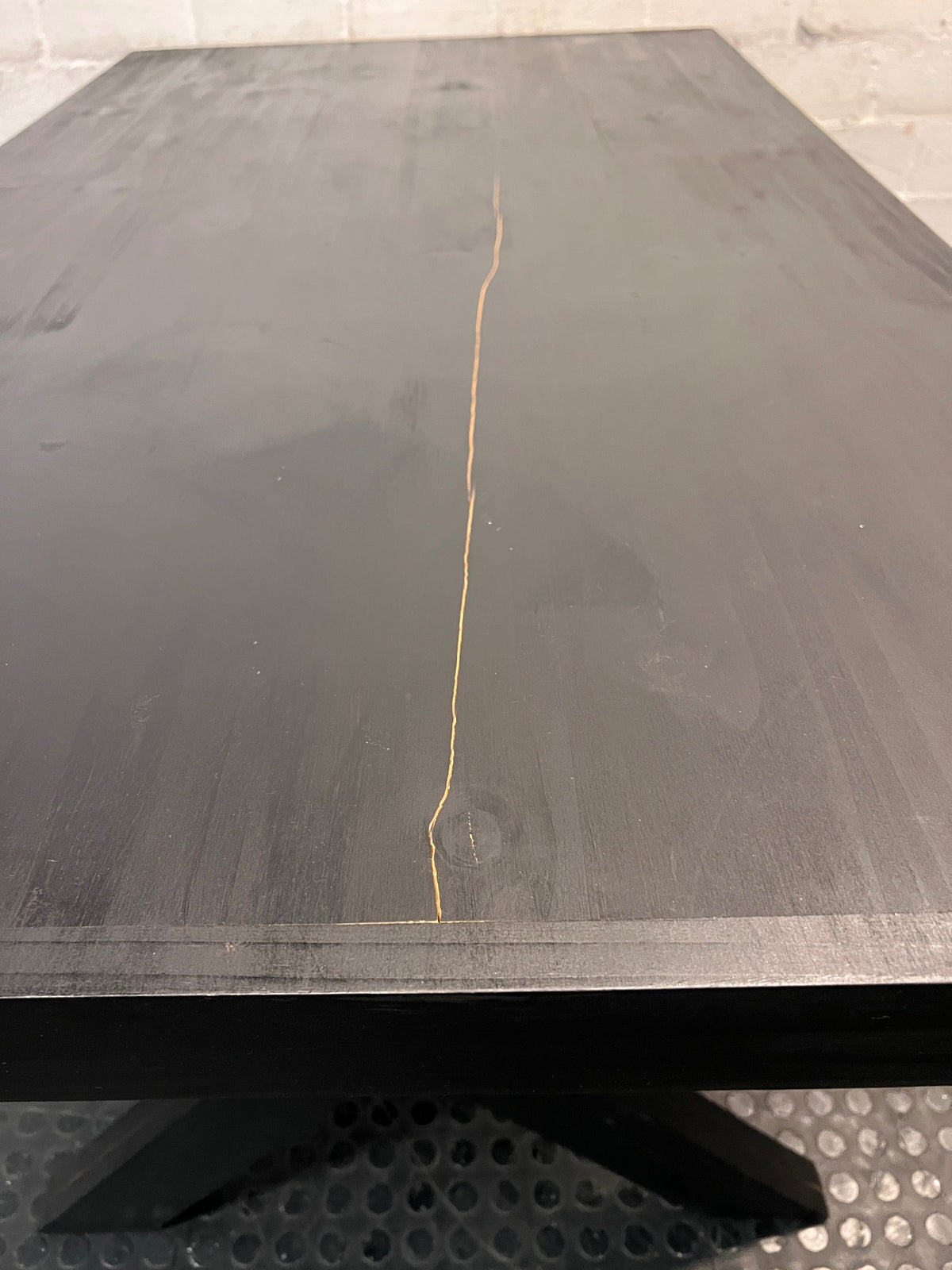 Dark Trestle-Style Wooden Dining Table — Crack on Top and Surface Scratches – condition detail