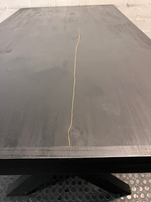 Dark Trestle-Style Wooden Dining Table — Crack on Top and Surface Scratches – condition detail