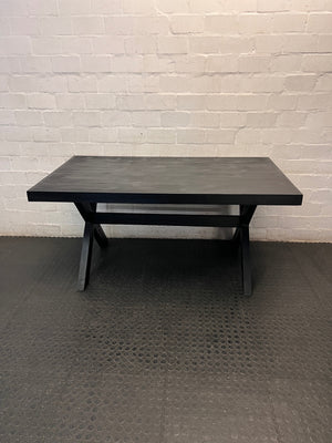 Dark Trestle-Style Wooden Dining Table — Crack on Top and Surface Scratches – main front view