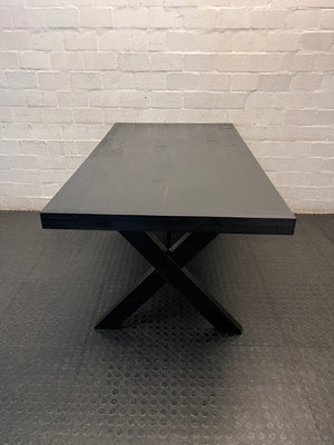 Dark Trestle-Style Wooden Dining Table — Crack on Top and Surface Scratches – side view