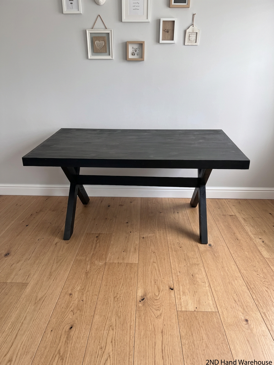 Dark Trestle-Style Wooden Dining Table — Crack on Top and Surface Scratches – styled product image