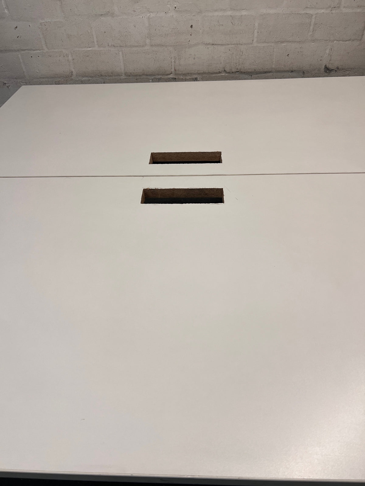 White Square Cluster Office Desk with Cable Trays — Aged Wood with Significant Surface Wear Awareness – back view