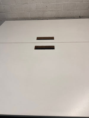 White Square Cluster Office Desk with Cable Trays — Aged Wood with Significant Surface Wear Awareness – back view