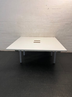 White Square Cluster Office Desk with Cable Trays — Aged Wood with Significant Surface Wear Awareness – main front view