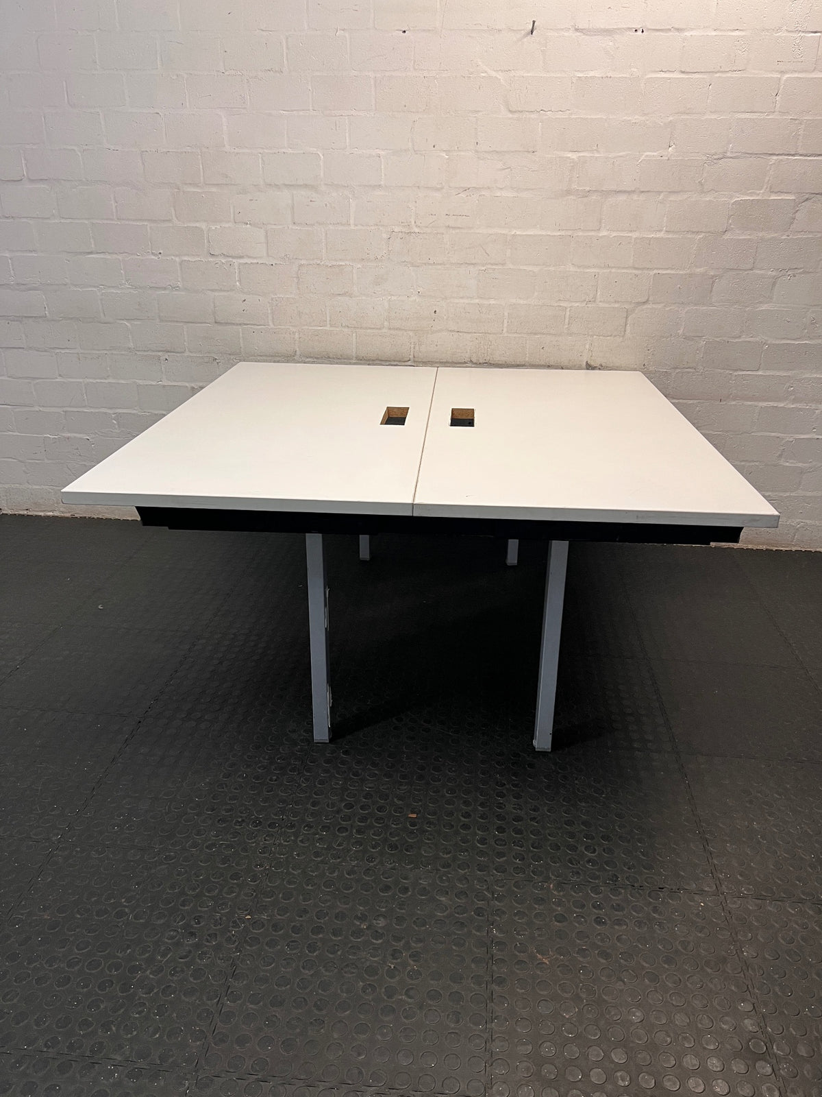 White Square Cluster Office Desk with Cable Trays — Aged Wood with Significant Surface Wear Awareness – side view