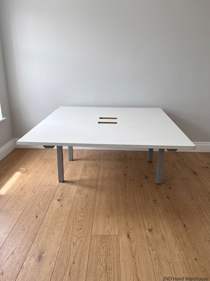 White Square Cluster Office Desk with Cable Trays — Aged Wood with Significant Surface Wear Awareness – styled product image