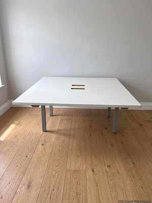 White Square Cluster Office Desk with Cable Trays — Aged Wood with Significant Surface Wear Awareness – styled product image