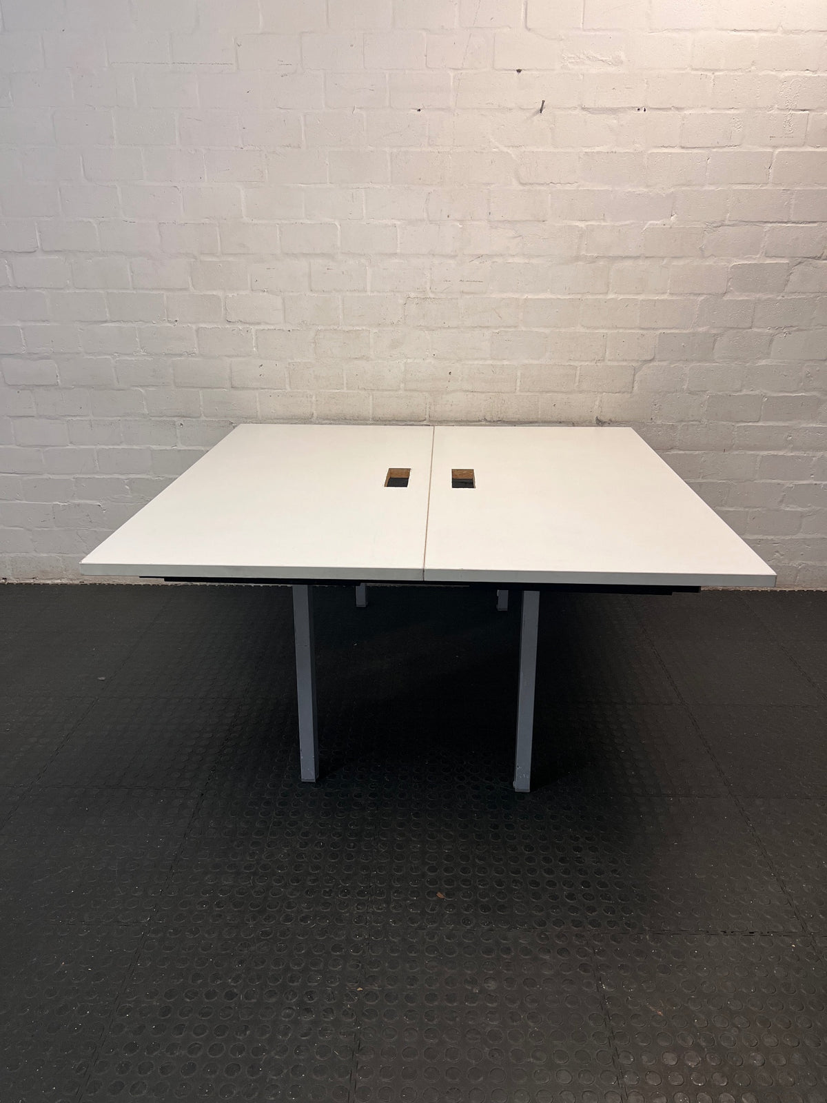White Square Cluster Office Desk with Cable Trays — Aged Wood with Significant Surface Wear Awareness – top view
