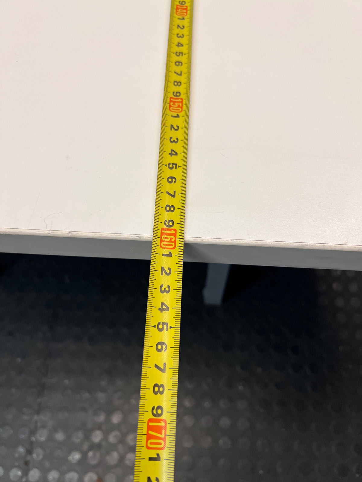 White Square Cluster Office Desk with Cable Trays — Aged Wood with Significant Surface Wear Awareness – width measurement