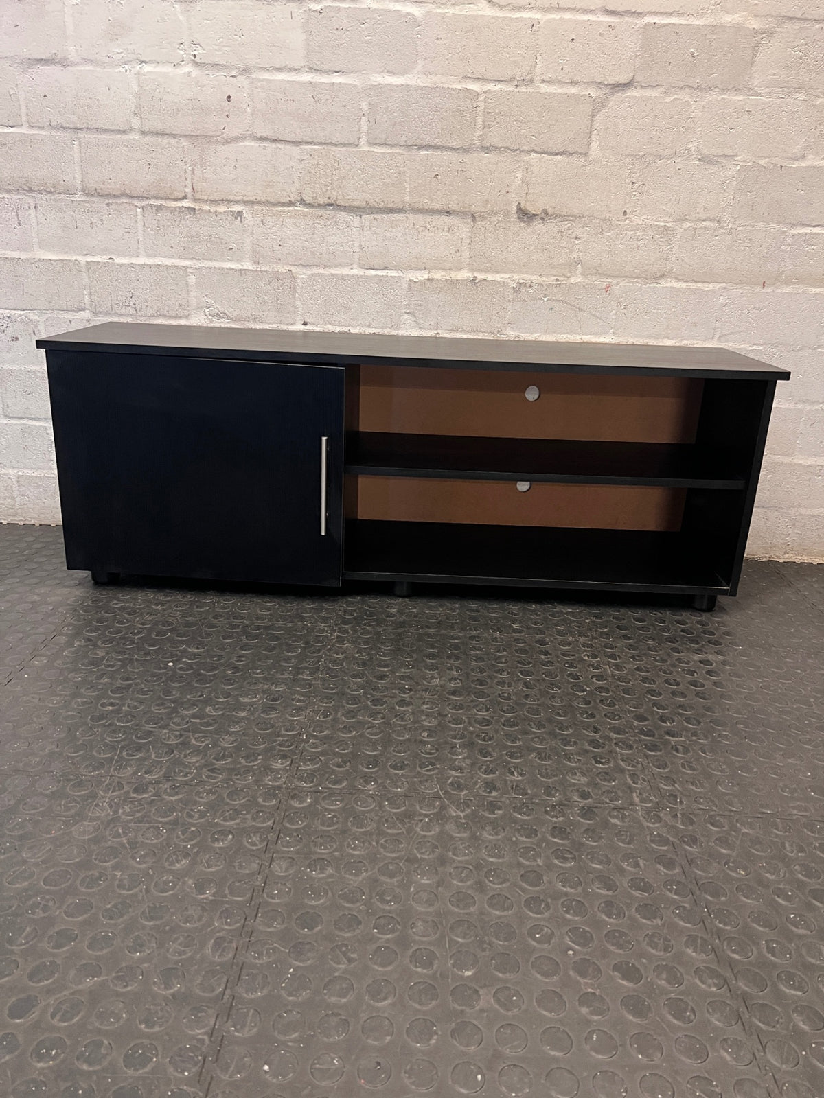 Black Low-Profile TV Unit with Cupboard and Shelving — Minor Surface Scratches – main front view