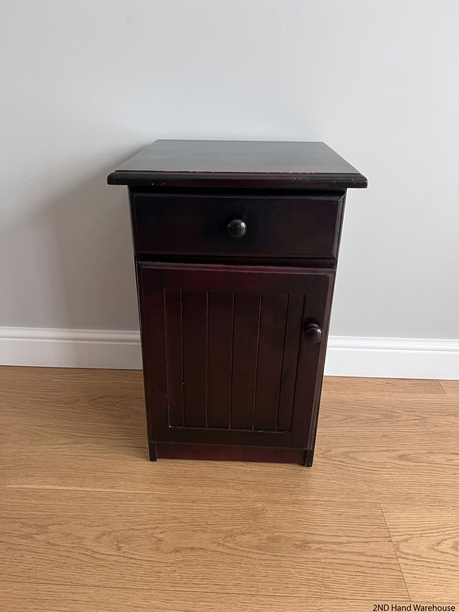 Dark Wood Bedside Table with Slatted Cupboard — Well-Maintained Condition – styled product image