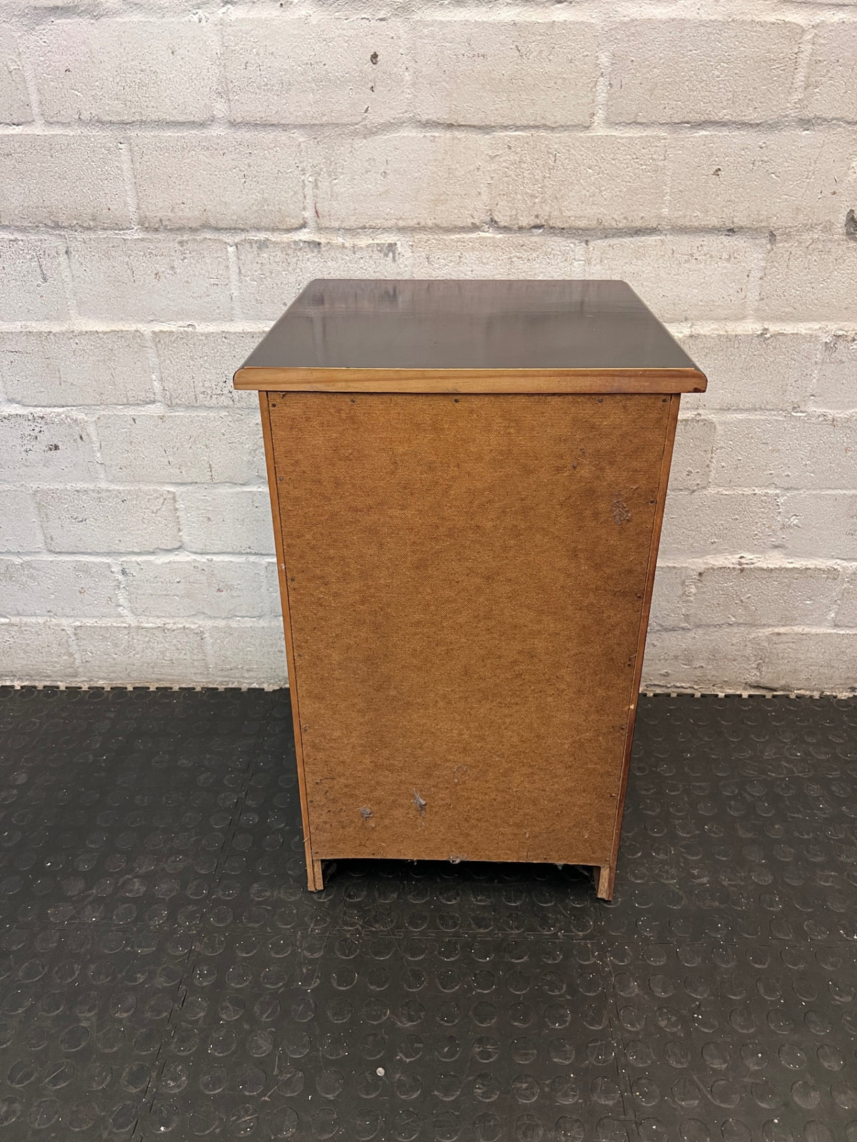 Dark Wood Bedside Table with Slatted Cupboard — Well-Maintained Condition – top view