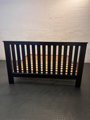 King Size Wooden Bed Frame with Slatted Headboard — Worn Mattress with Visible Marks; Bed Frame Good state – back view