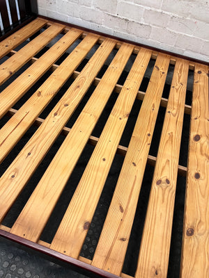 King Size Wooden Bed Frame with Slatted Headboard — Worn Mattress with Visible Marks; Bed Frame Good state – condition detail
