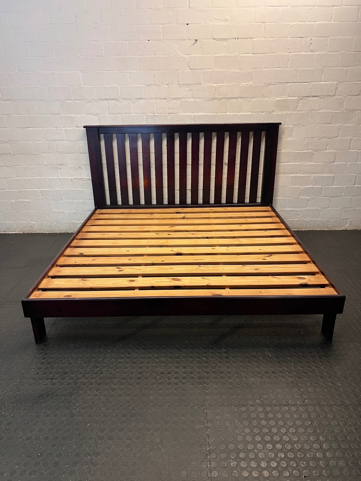 King Size Wooden Bed Frame with Slatted Headboard — Worn Mattress with Visible Marks; Bed Frame Good state – main front view
