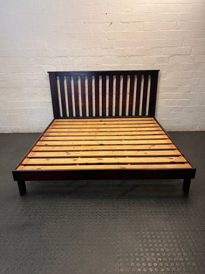 King Size Wooden Bed Frame with Slatted Headboard — Worn Mattress with Visible Marks; Bed Frame Good state – main front view