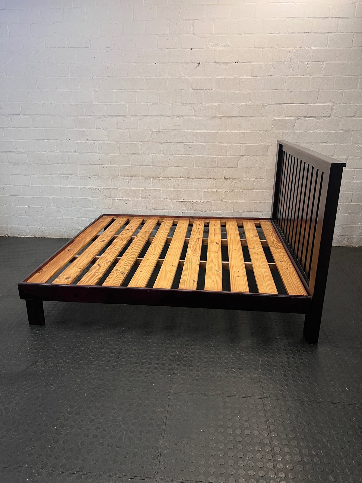 King Size Wooden Bed Frame with Slatted Headboard — Worn Mattress with Visible Marks; Bed Frame Good state – side view